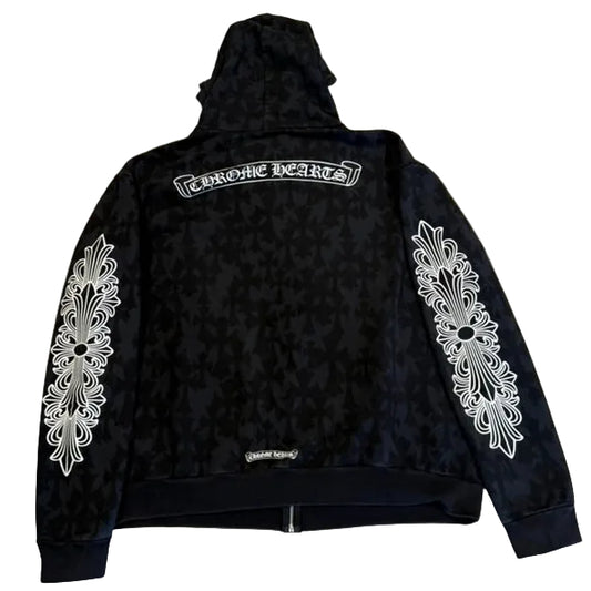 USED Chrome Hearts Cross All Over Print Zip Hoodie