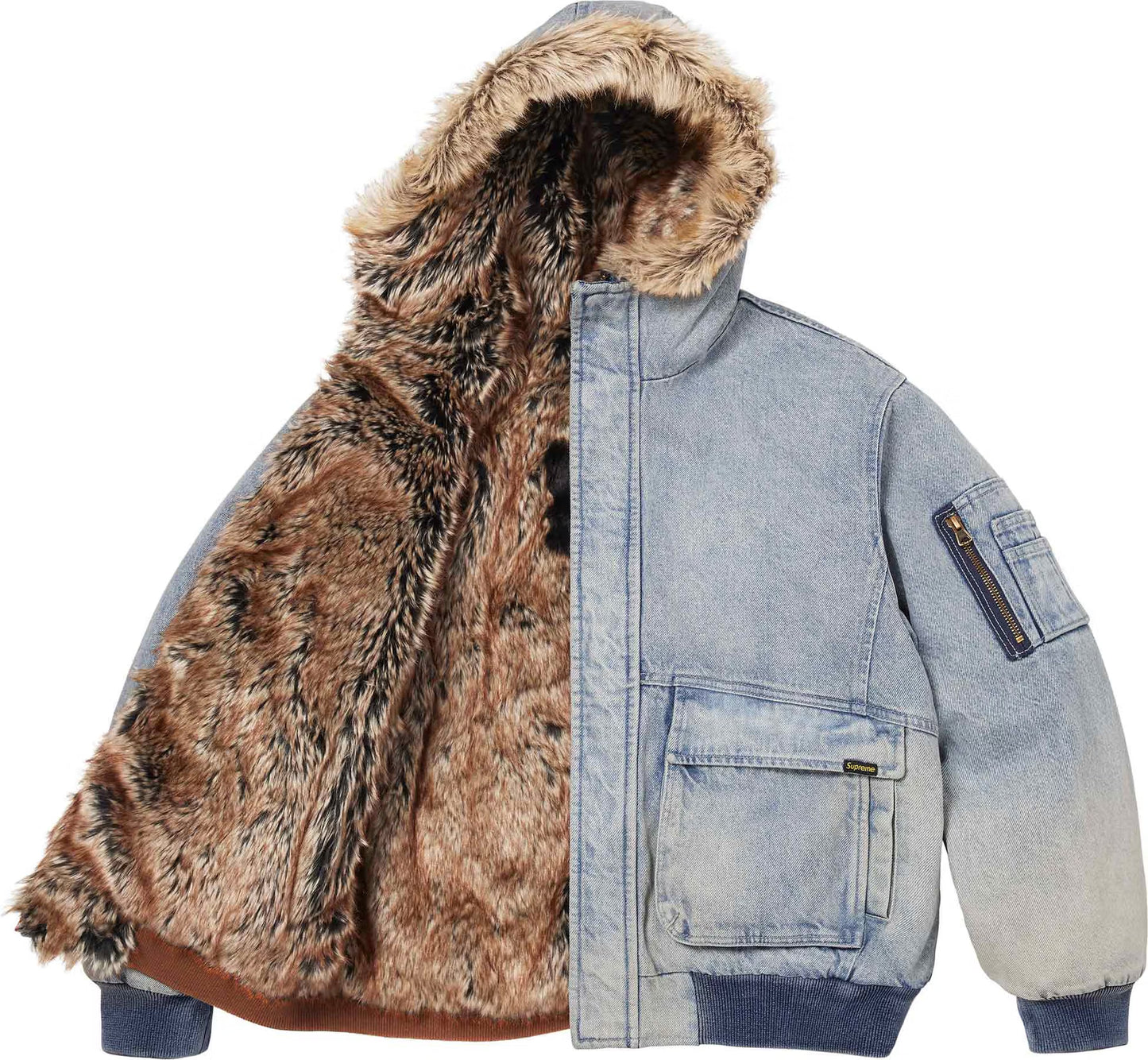 Supreme Reversible Faux Fur Hooded Work Jacket Blue