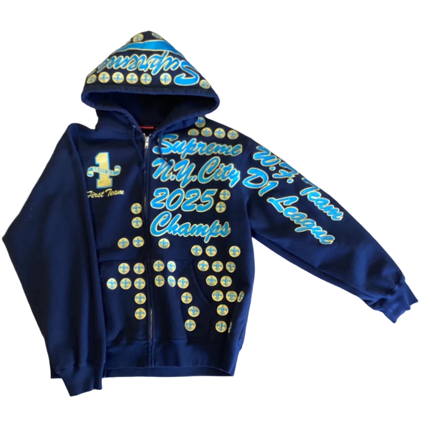 USED Supreme League Champs Zip Up Hooded Sweatshirt Navy