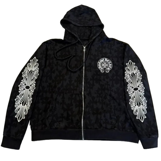 USED Chrome Hearts Cross All Over Print Zip Hoodie