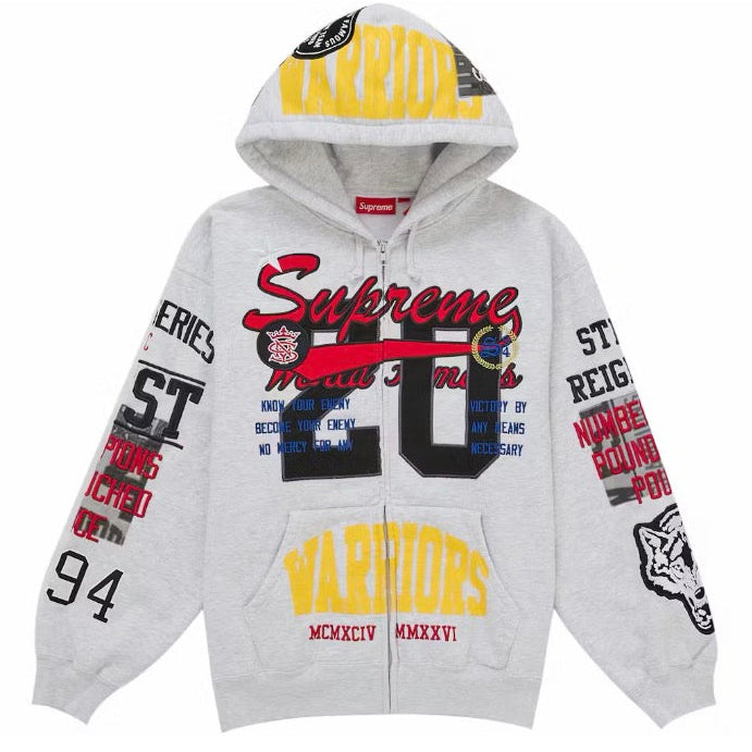 Supreme Warriors Applique Zip Up Hooded Sweatshirt — Ash Grey