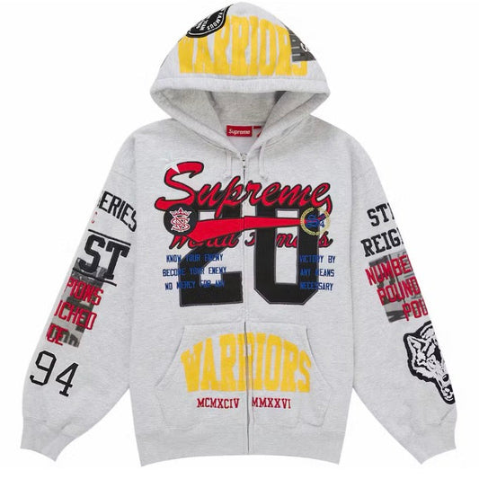 Supreme Warriors Applique Zip Up Hooded Sweatshirt — Ash Grey