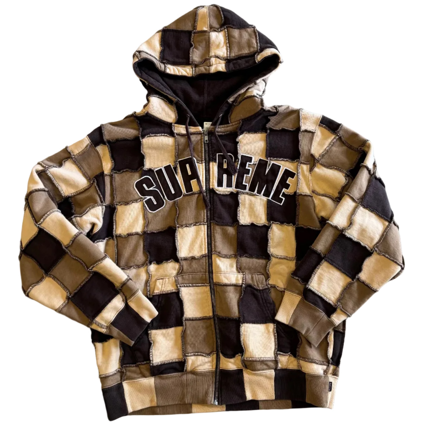 USED Supreme Reverse Patchwork Zip Up Hooded Sweatshirt Brown