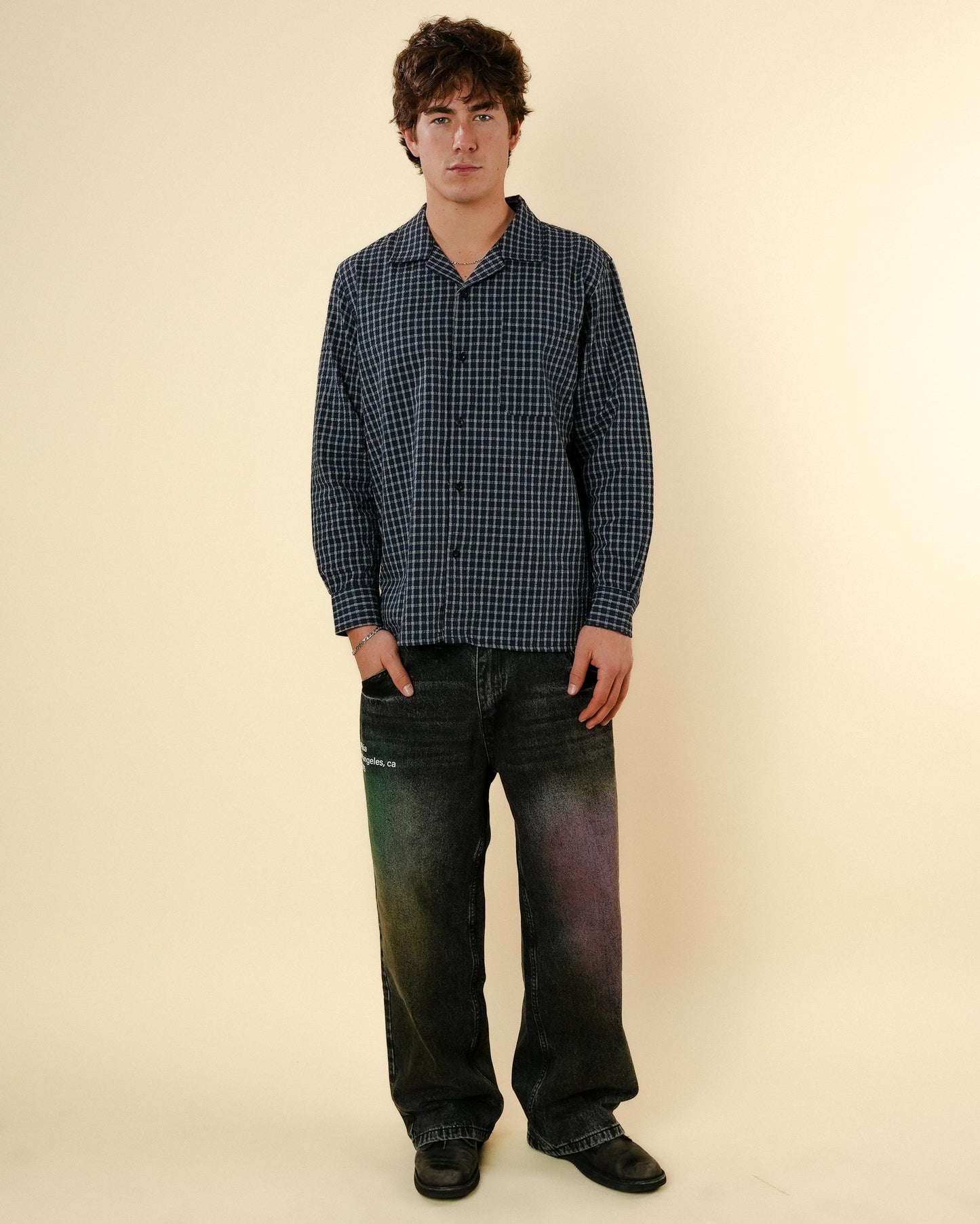 TEXTURED FLANNEL BUTTON-UP -  NAVY